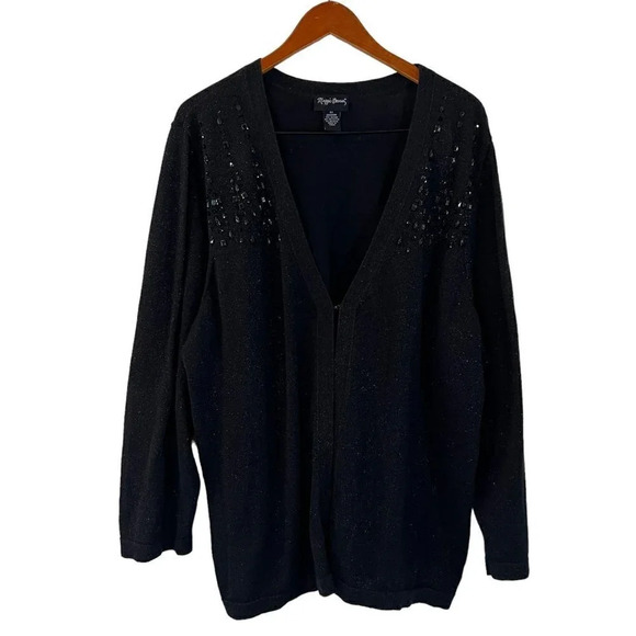 Maggie Barnes Cardigan 2X Black Metallic Beaded V Neck Long Sleeve Formal Blouse - Picture 1 of 7